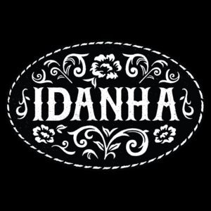 IDANHA in black and white floral oval.