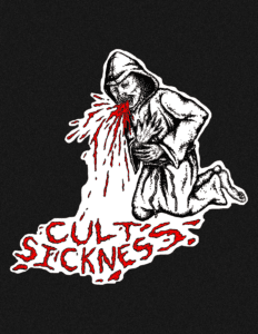 Words cult sickness with man kneeling sick.