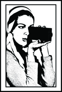 Black and white picture of woman holding a camera.