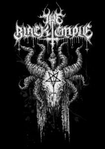 Words the black temple over 8 horned skull with star.
