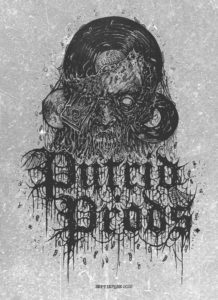 Skull with records and tape stuck in it with Putrid Prods below it.
