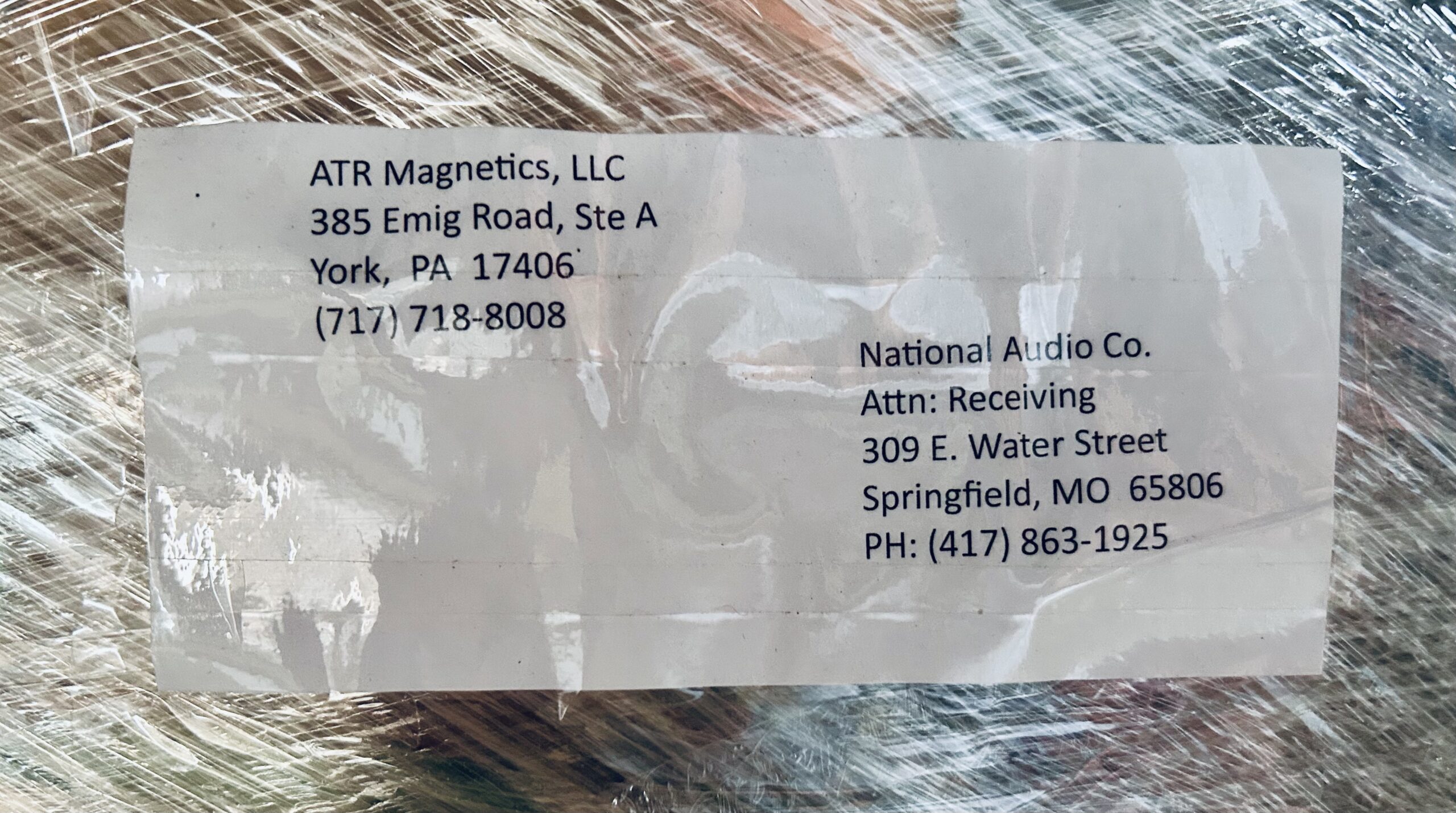 shipping label from ATR Magnetics to National Audio Company